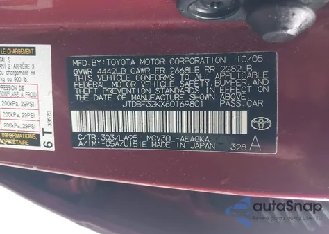 2006 Toyota Camry Xle V6 from USA, damaged, VIN JTDBF32KX60169801
